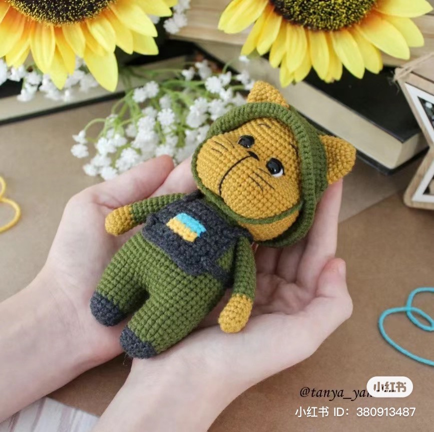 Crochet Soldier Cats Pattern with Sunflower Background