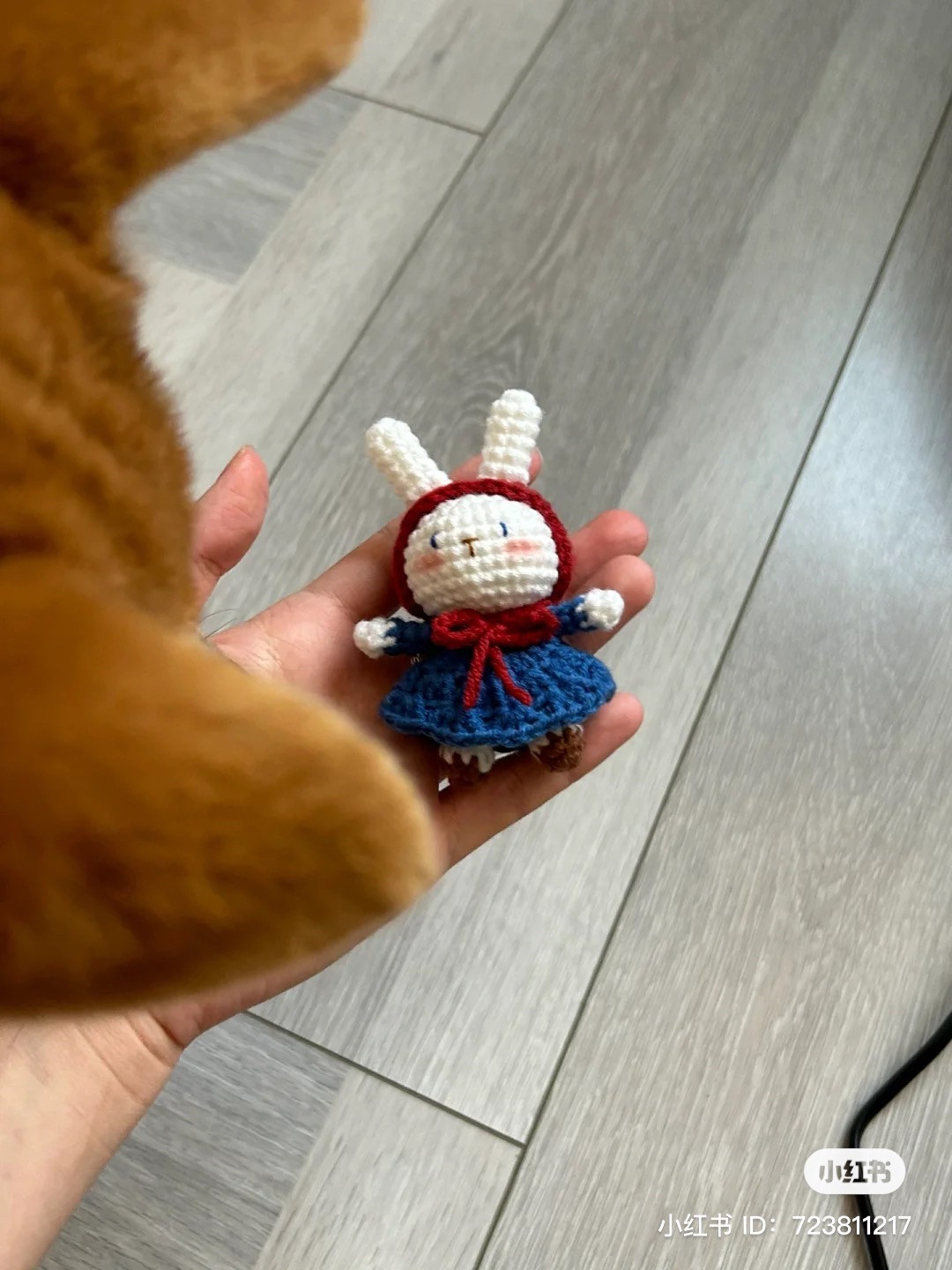 Cute Crochet Bunny Doll with Shiba Inu Background