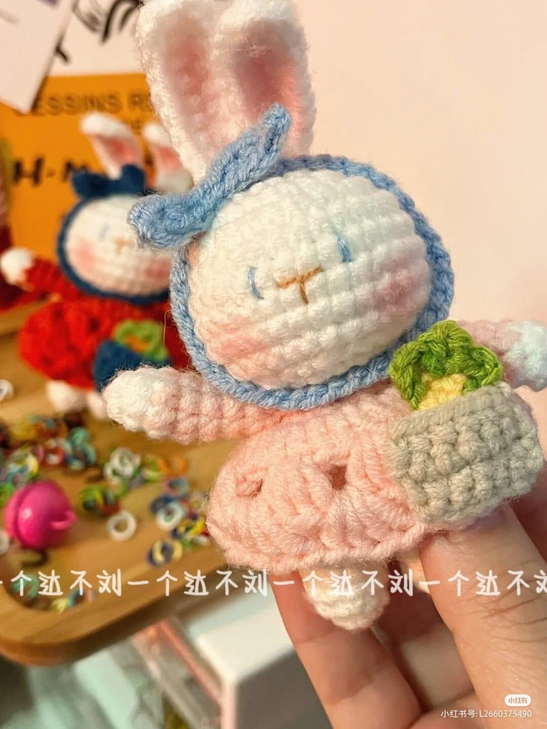 Cute Crochet Bunny Pair with Accessories and Yarn Display