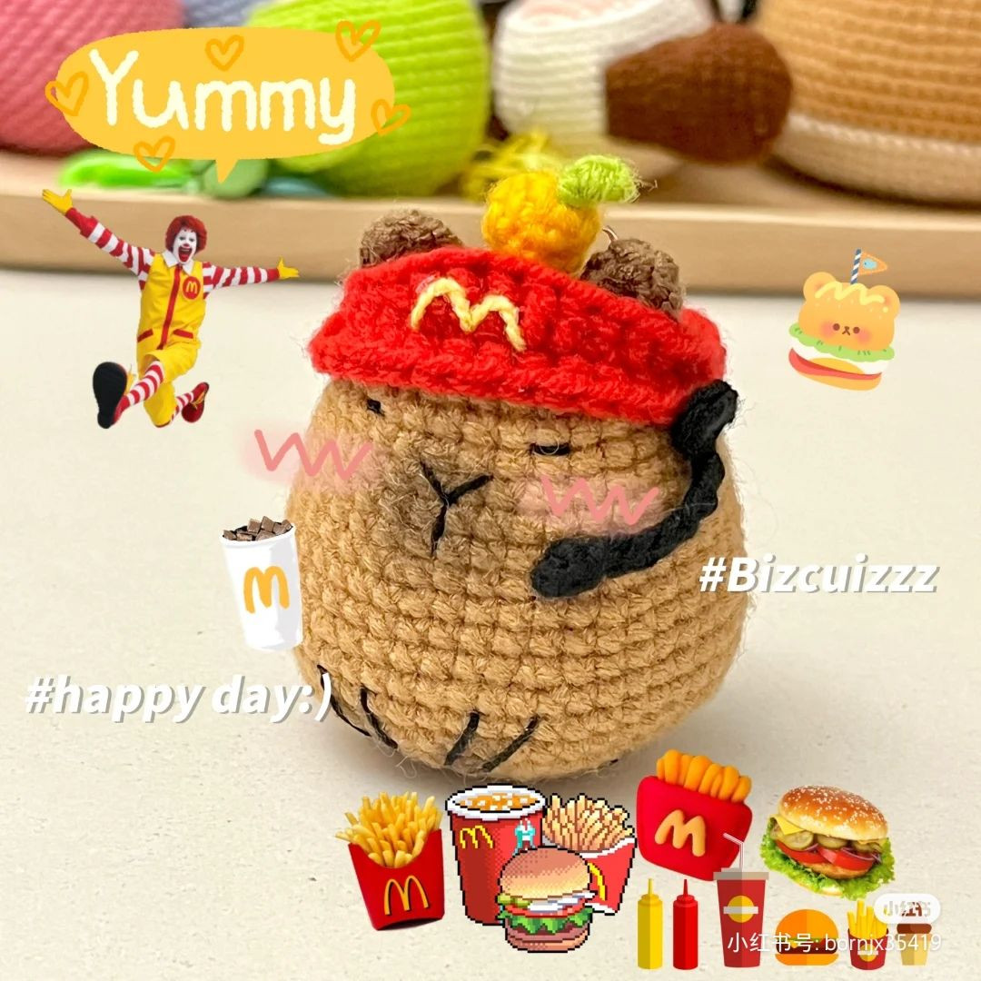 Cute Crochet Cat in Fast Food Uniform with Happy Expression