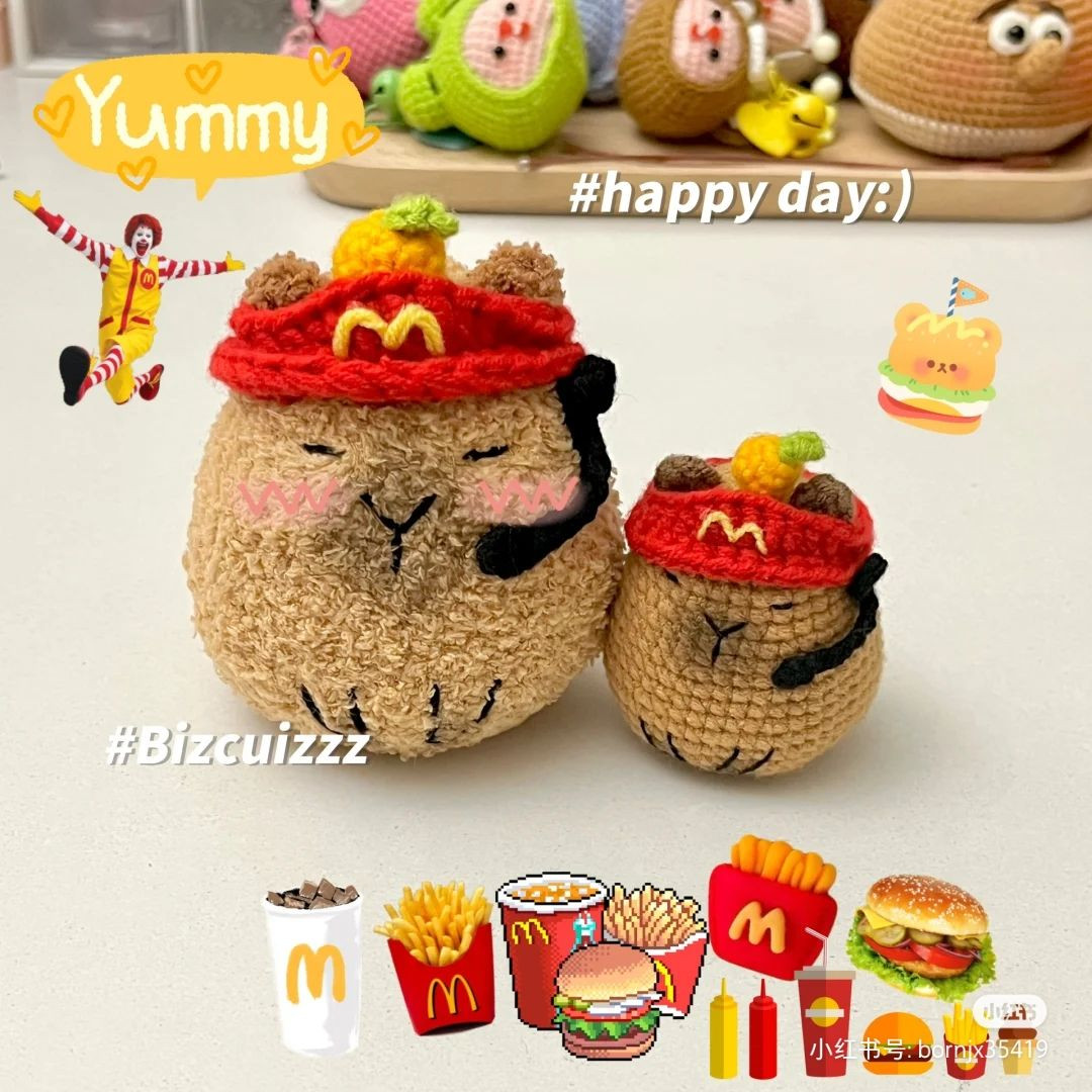 Cute Crochet Cat in Fast Food Uniform with Happy Expression