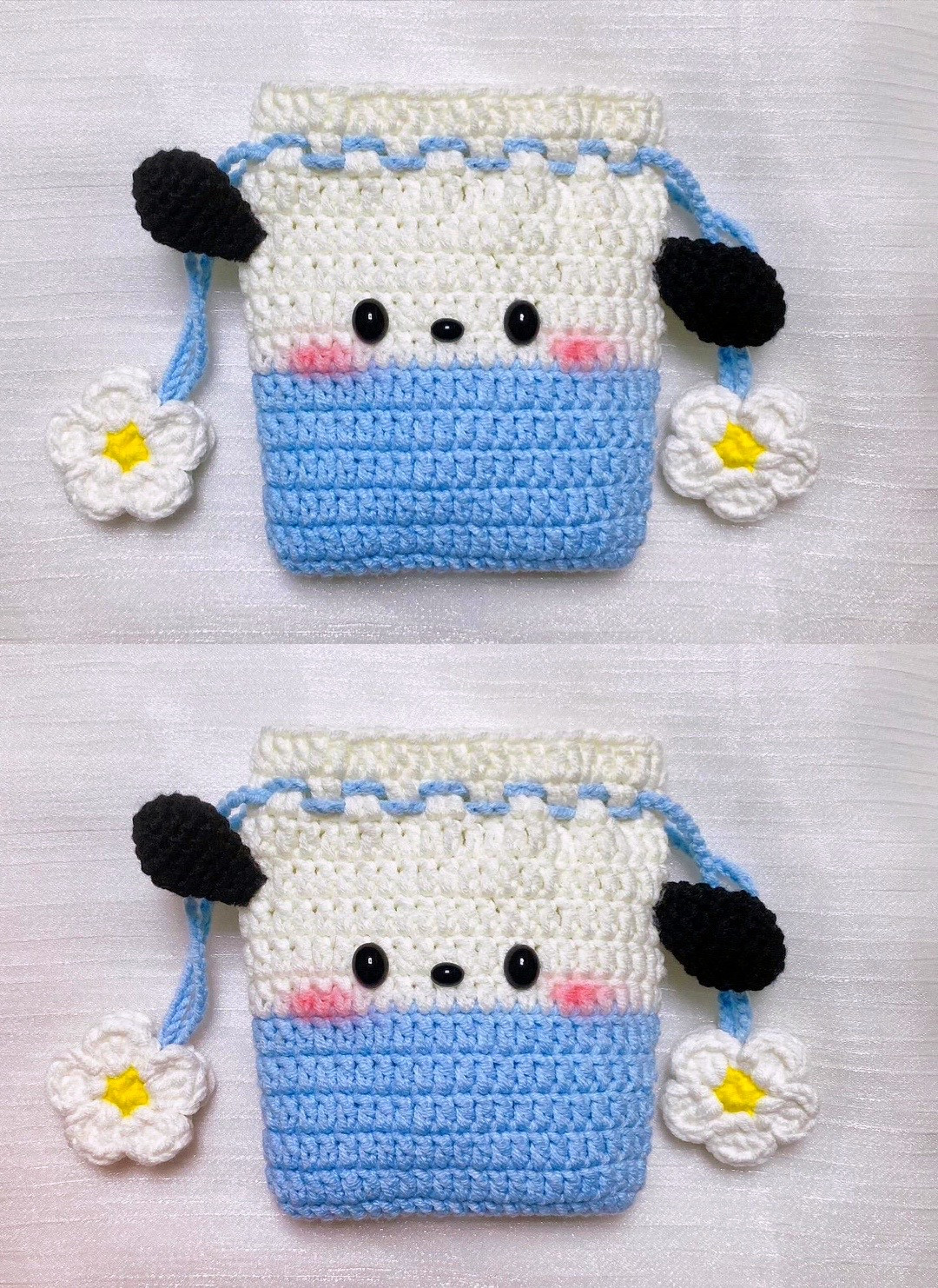 Cute Crochet Drawstring Bag with Bear Ears and Flower Charm
