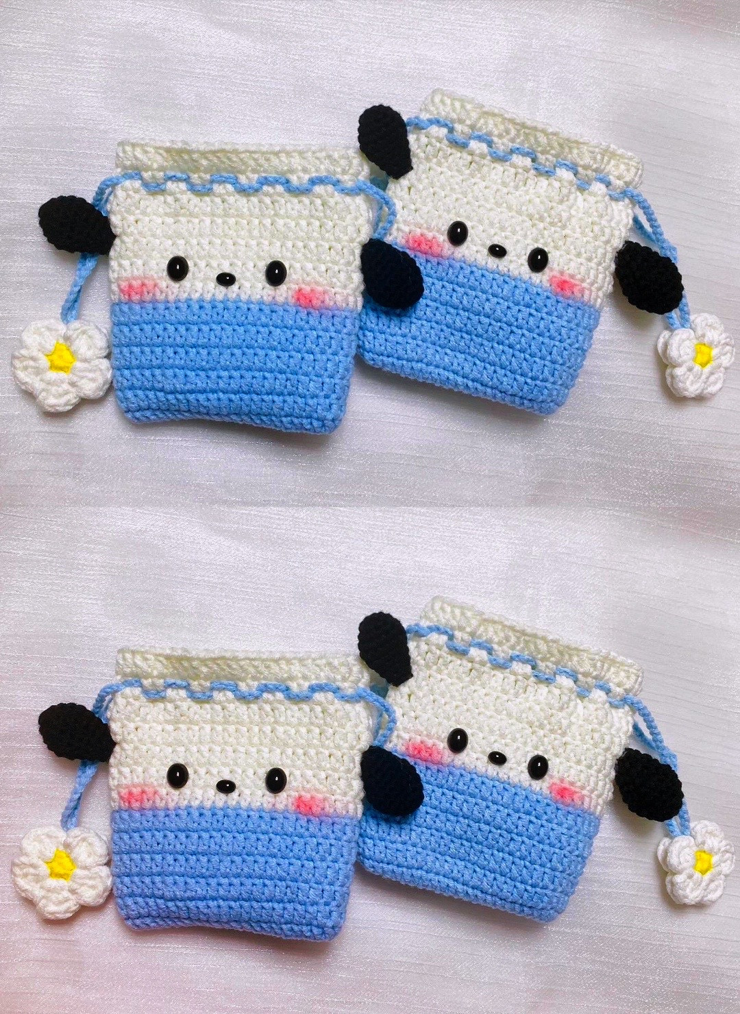 Cute Crochet Drawstring Bag with Bear Ears and Flower Charm