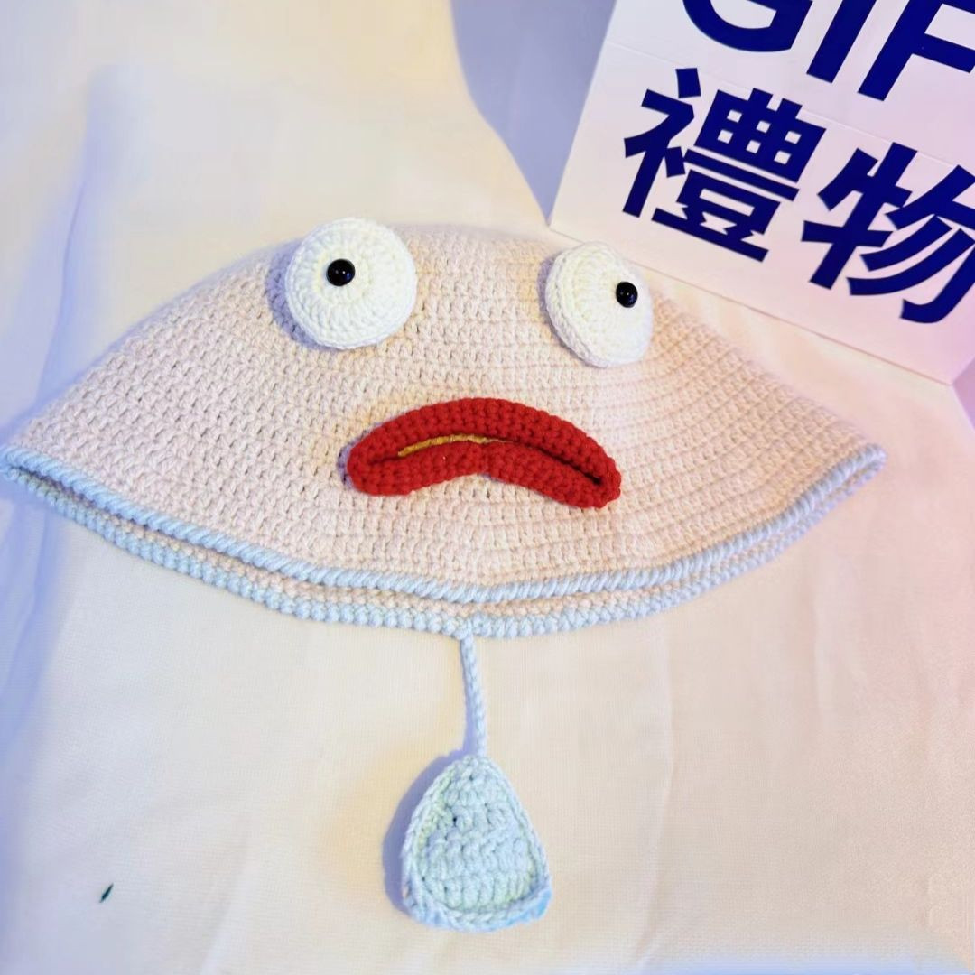 Cute Crochet Hat with Big Eyes and Red Lips Design