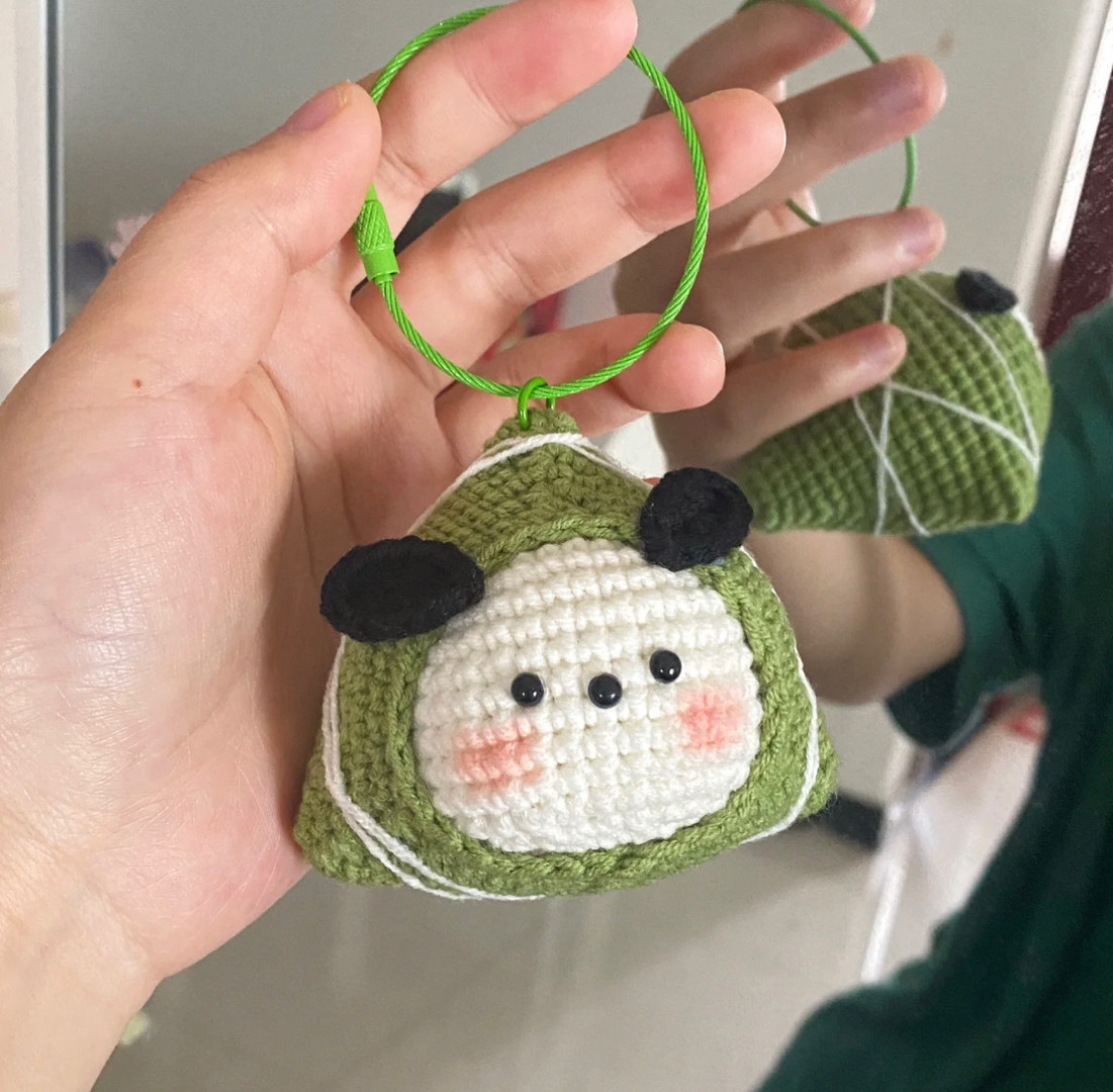 Cute Crochet Onigiri with Adorable Panda Ears and Blushing Cheeks