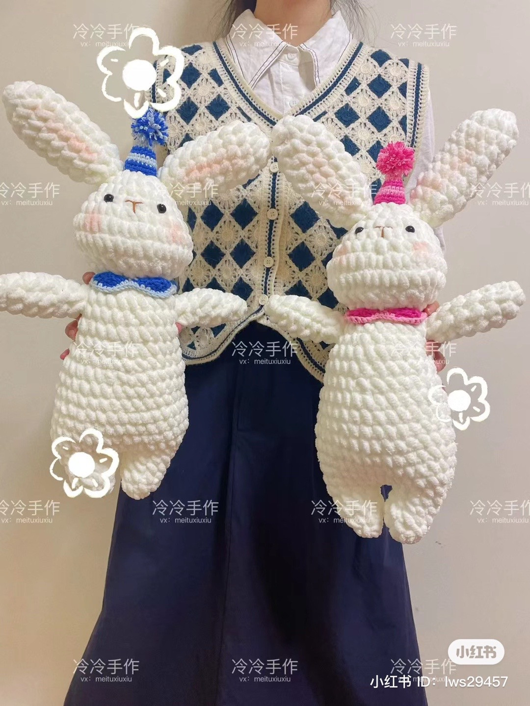 Cute Crocheted Bunny Dolls with Colorful Hats and Bows