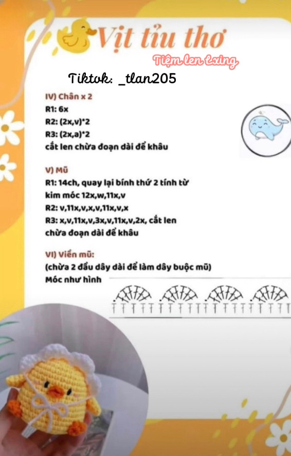 Cute Crocheted Duckling with White Bonnet and Pink Mat