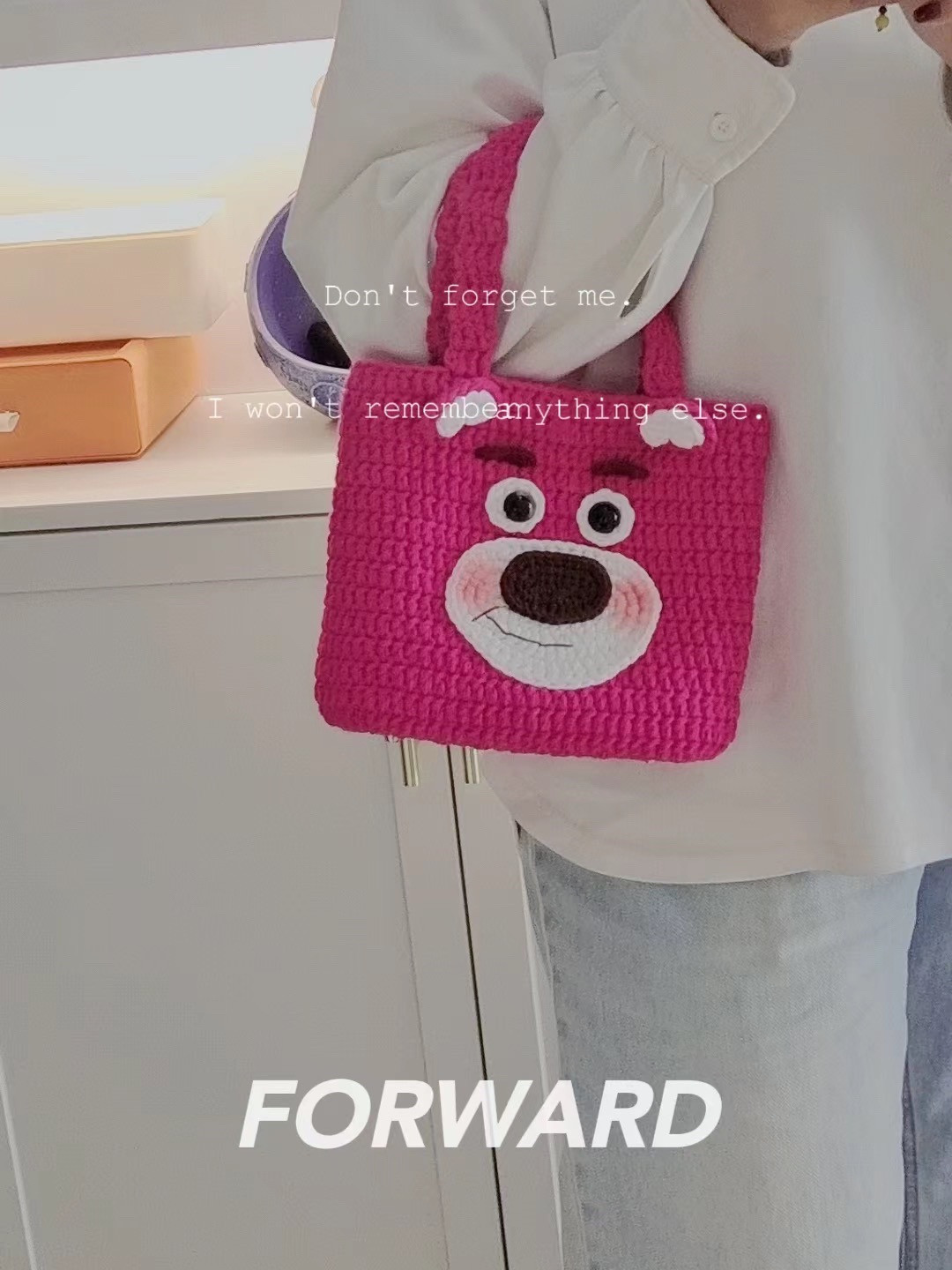 Cute Pink Crochet Bag with Bear Face Design Pattern