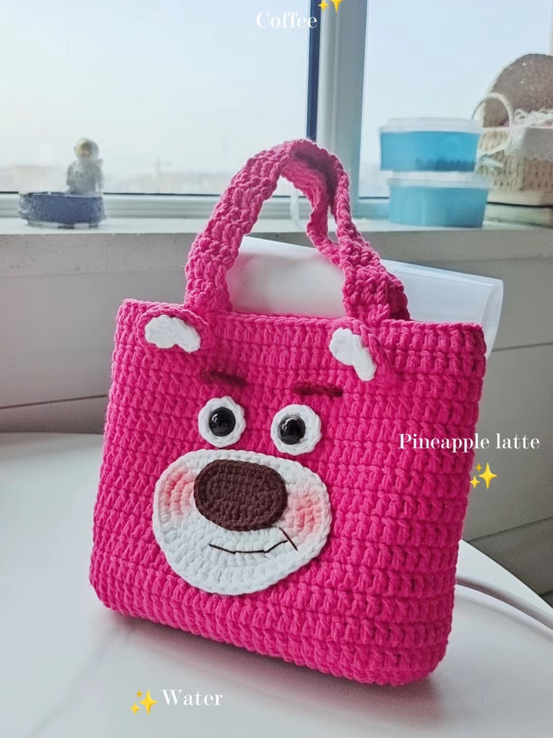 Cute Pink Crochet Bag with Bear Face Design Pattern