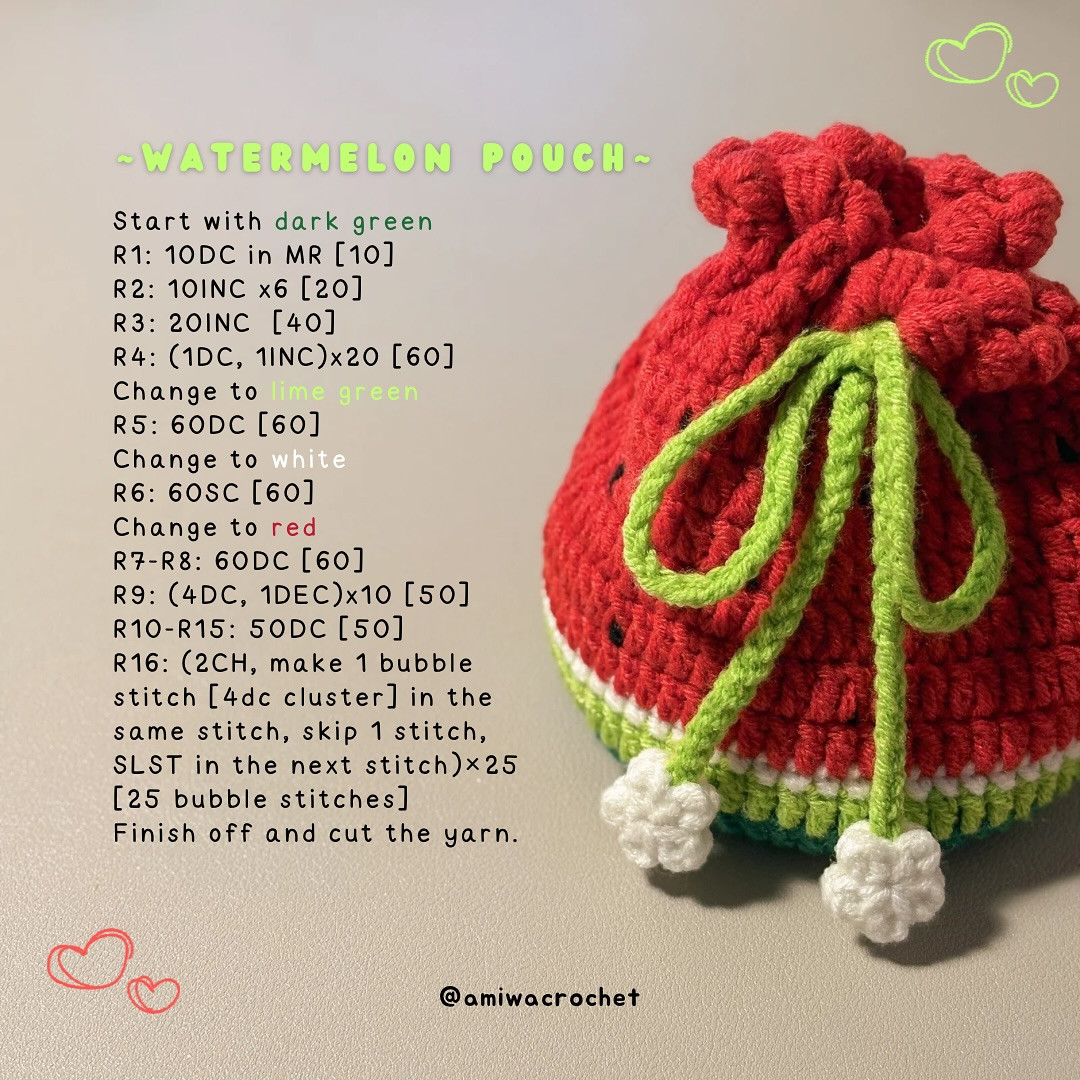 Cute Watermelon Drawstring Bag Crochet Pattern