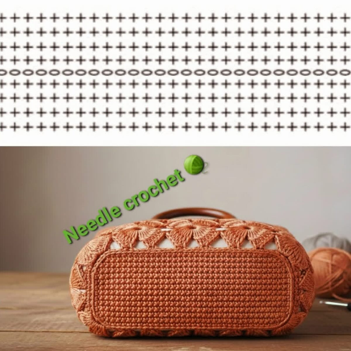 Elegant Crochet Handbag with Floral Design and Wooden Handles