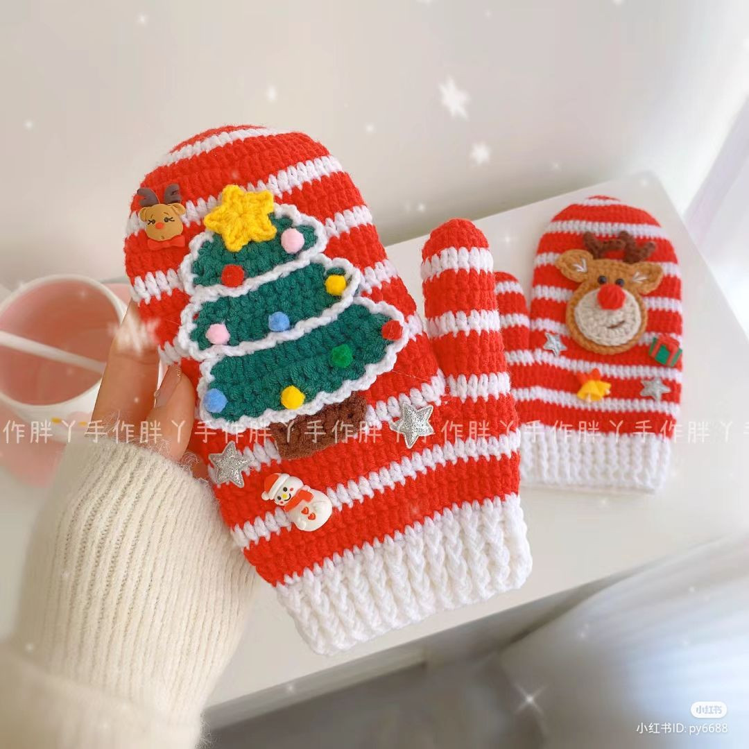 Festive Crochet Mittens with Reindeer and Christmas Tree Design
