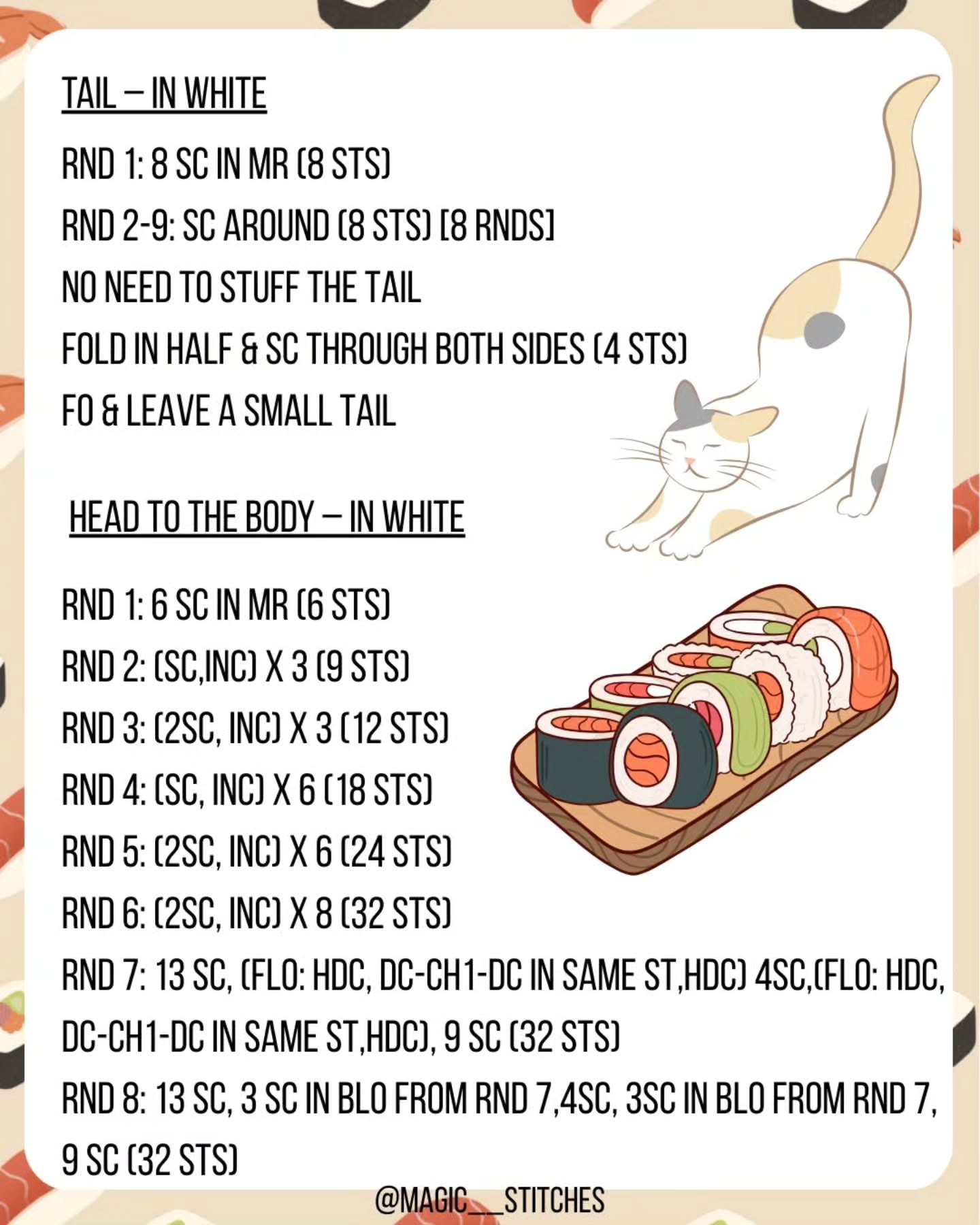 Free Crochet Pattern for No Sew Sushi Kitty Plushie