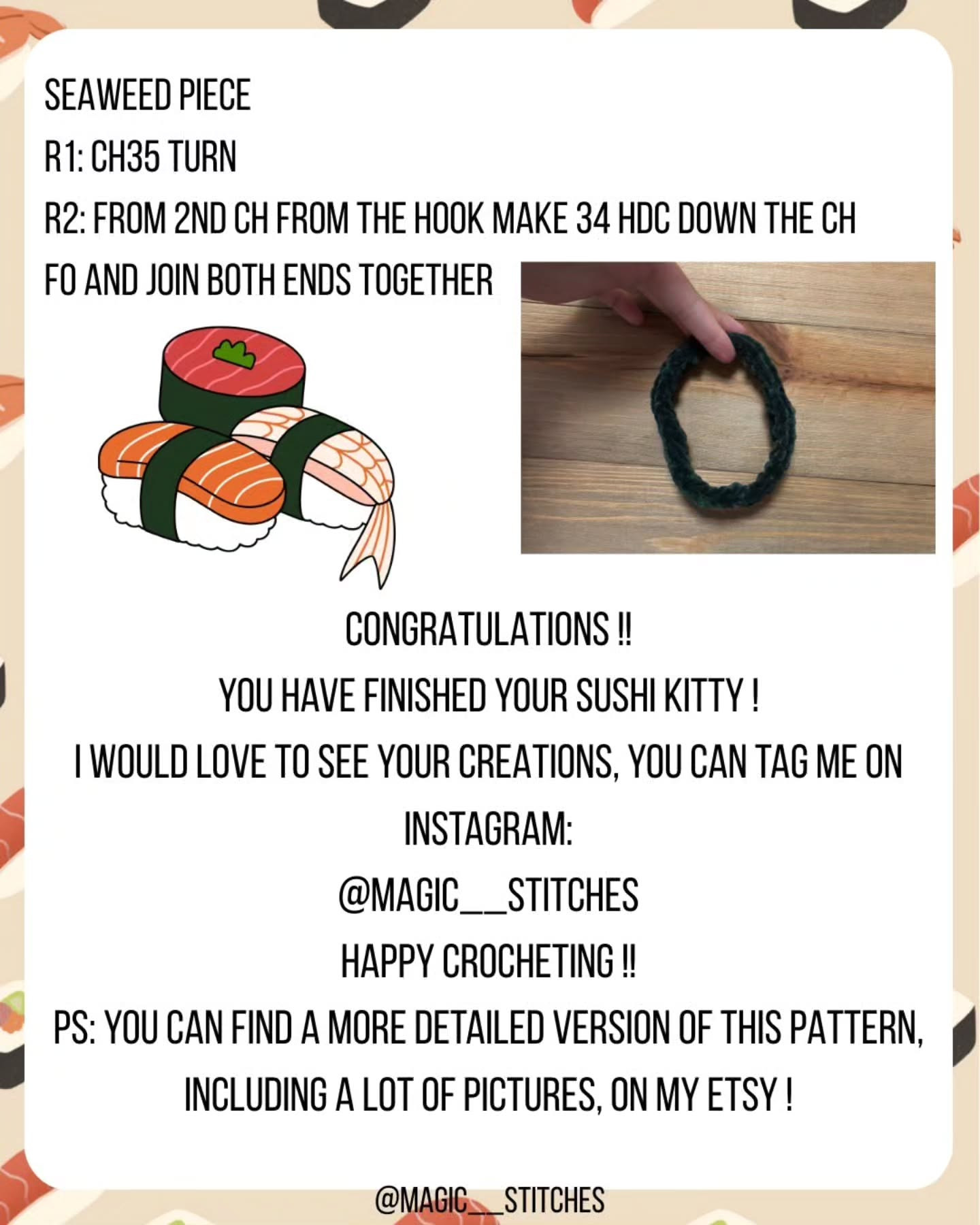 Free Crochet Pattern for No Sew Sushi Kitty Plushie