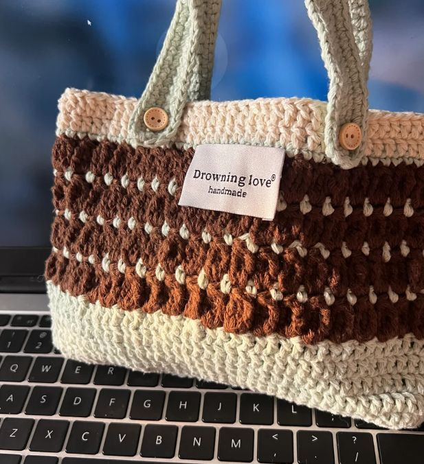 Handmade Crochet Tote Bag with Earthy Tones and Button Accents