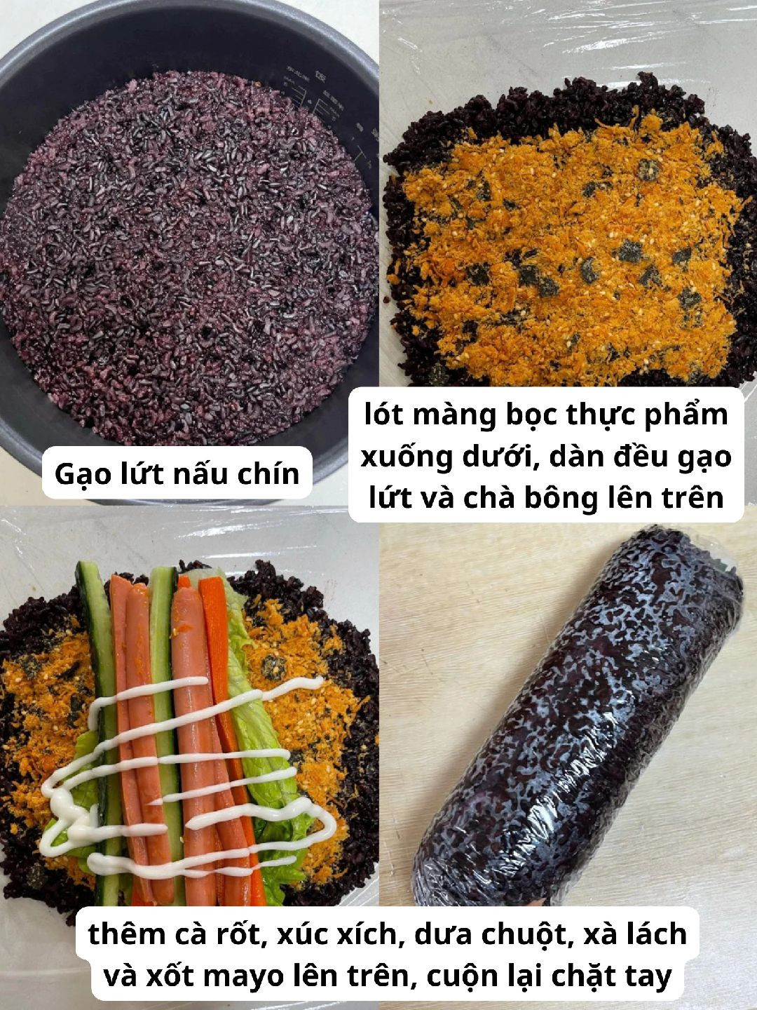 Kimbap gạo lứt cuộn xúc xích rau củ giòn tan