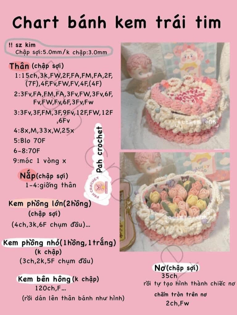 Mẫu bánh sinh nhật móc len trang trí hoa và nơ