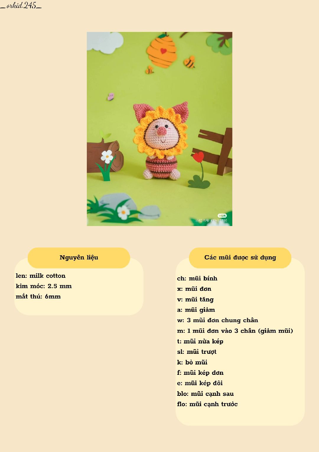 Mẫu móc len chú lợn con trong vườn hoa đầy màu sắc