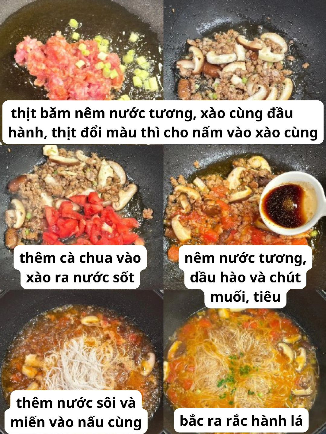 Miến xào thịt bằm nấm hương sốt cà chua đậm đà