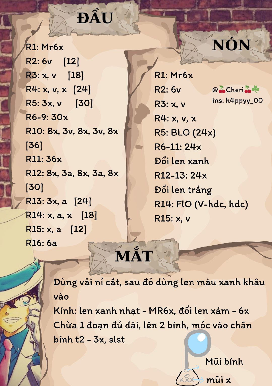 Móc len búp bê nhỏ đội mũ trắng và kính một tròng