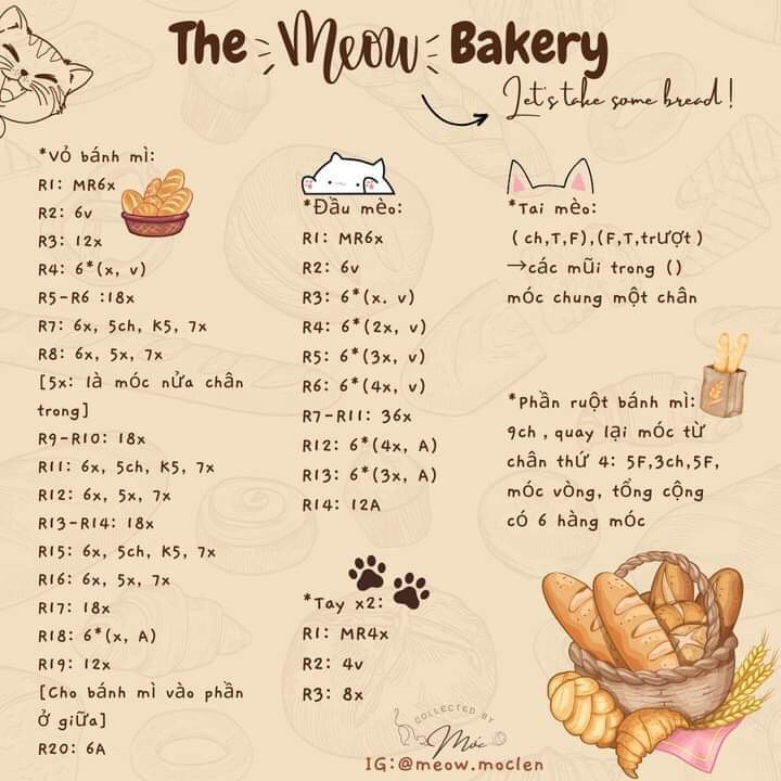 Móc len hình mèo trên bánh mì, phụ kiện dễ thương