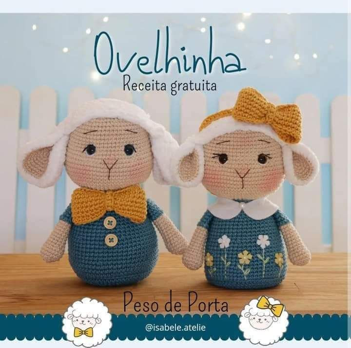 Ovelha de Crochê com Vestido Florido e Laço Amarelo