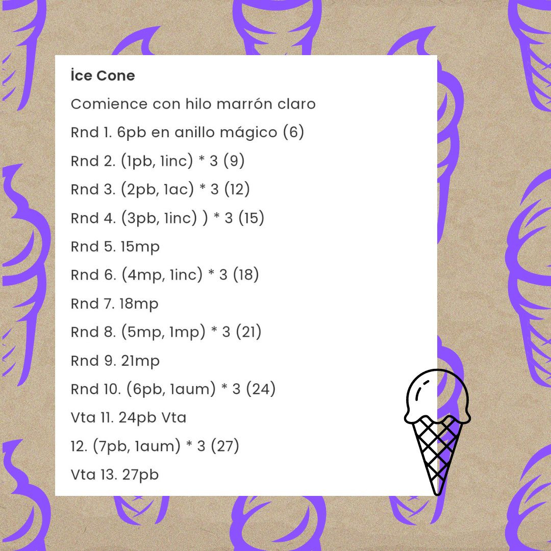 Patrón de amigurumi de cono de helado para llaveros