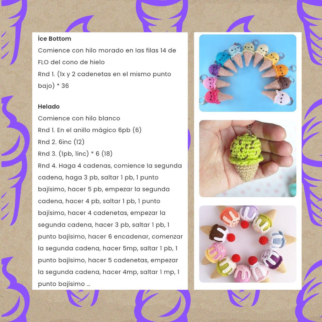 Patrón de amigurumi de cono de helado para llaveros