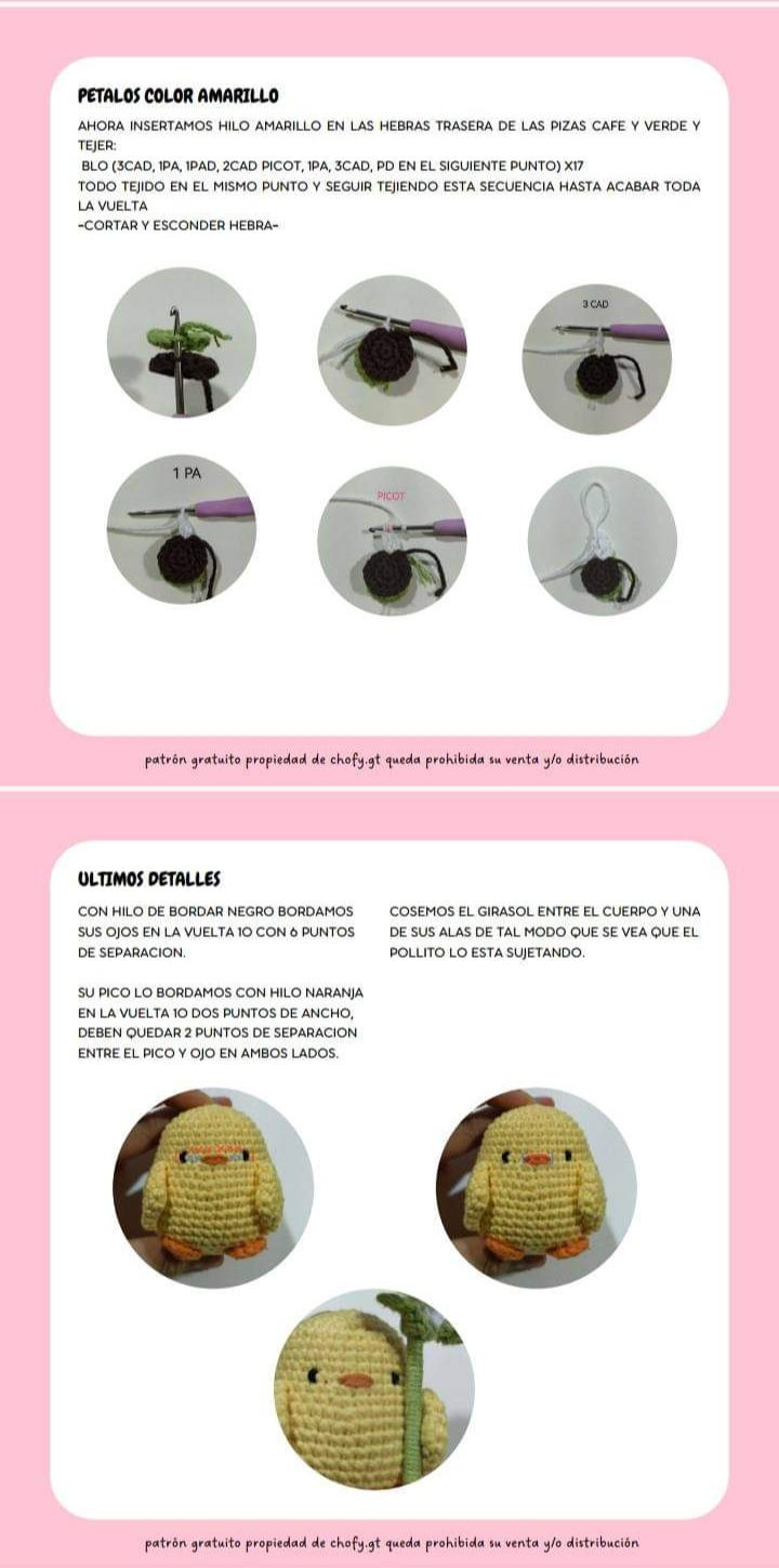 Patrón de ganchillo de pollito con girasol adorable y fácil de hacer
