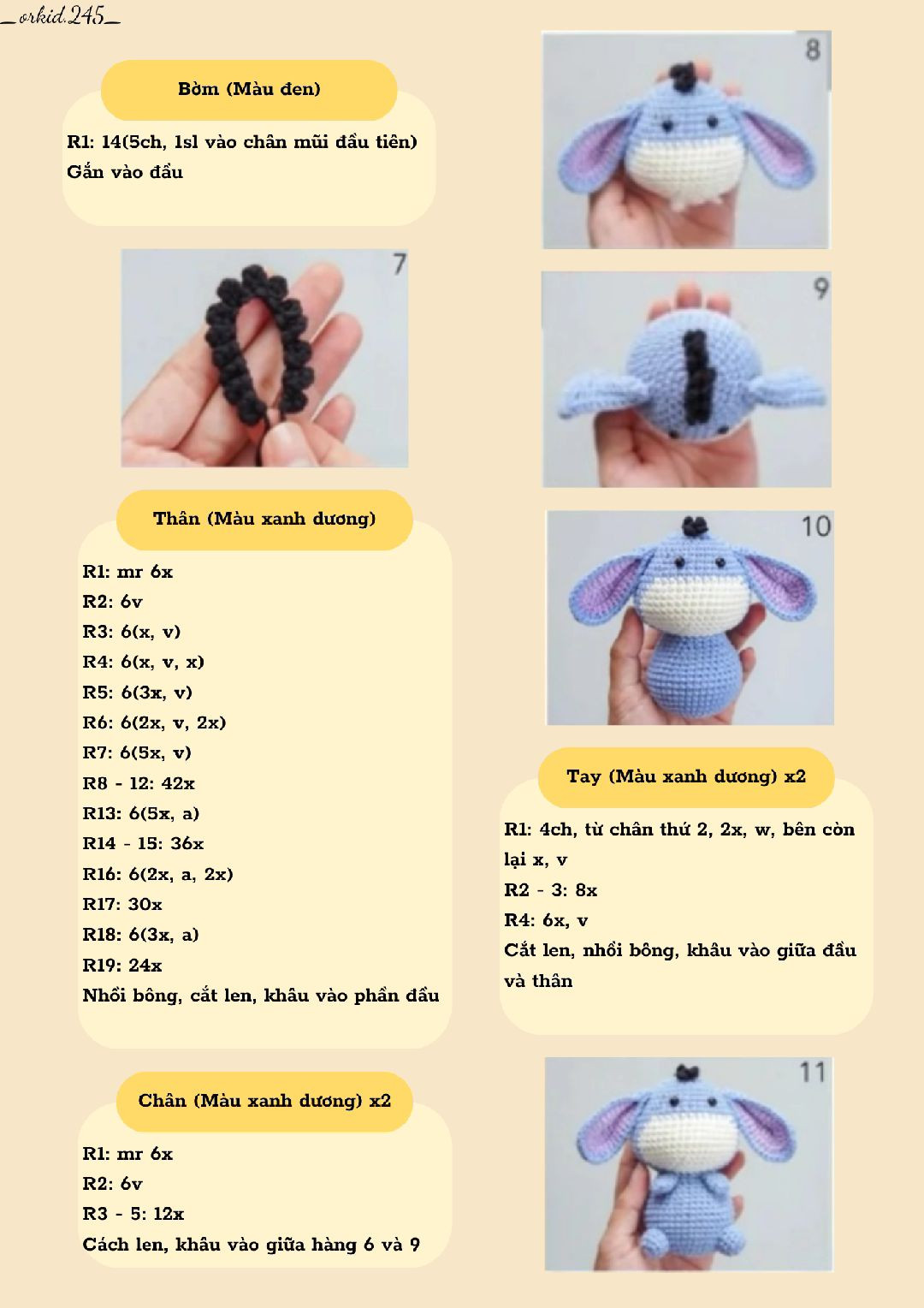 Thú nhồi bông lừa dễ thương từ len màu xanh và tím