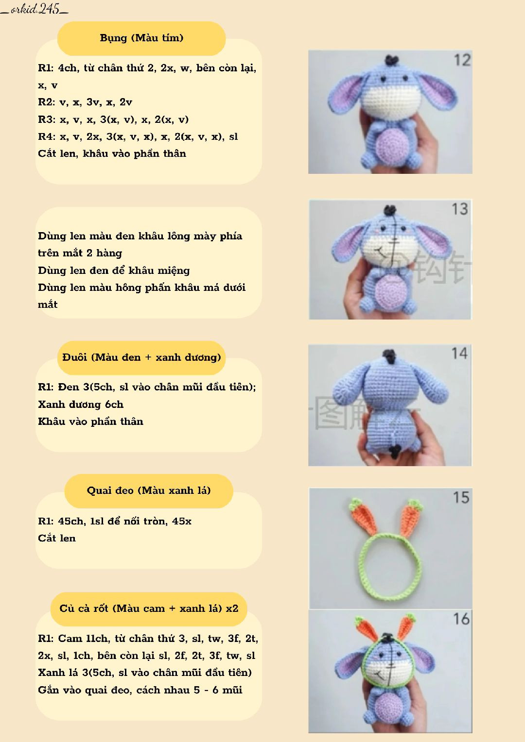 Thú nhồi bông lừa dễ thương từ len màu xanh và tím