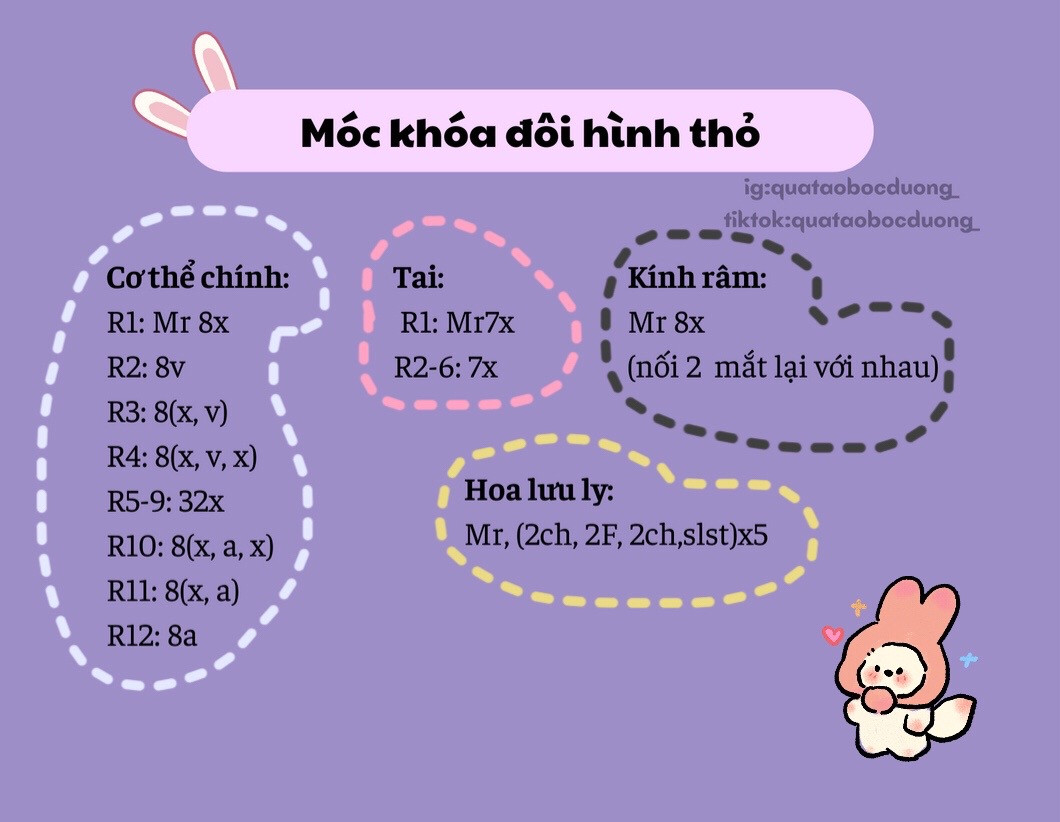 Cặp thú móc len dễ thương với tai thỏ và hoa trang trí
