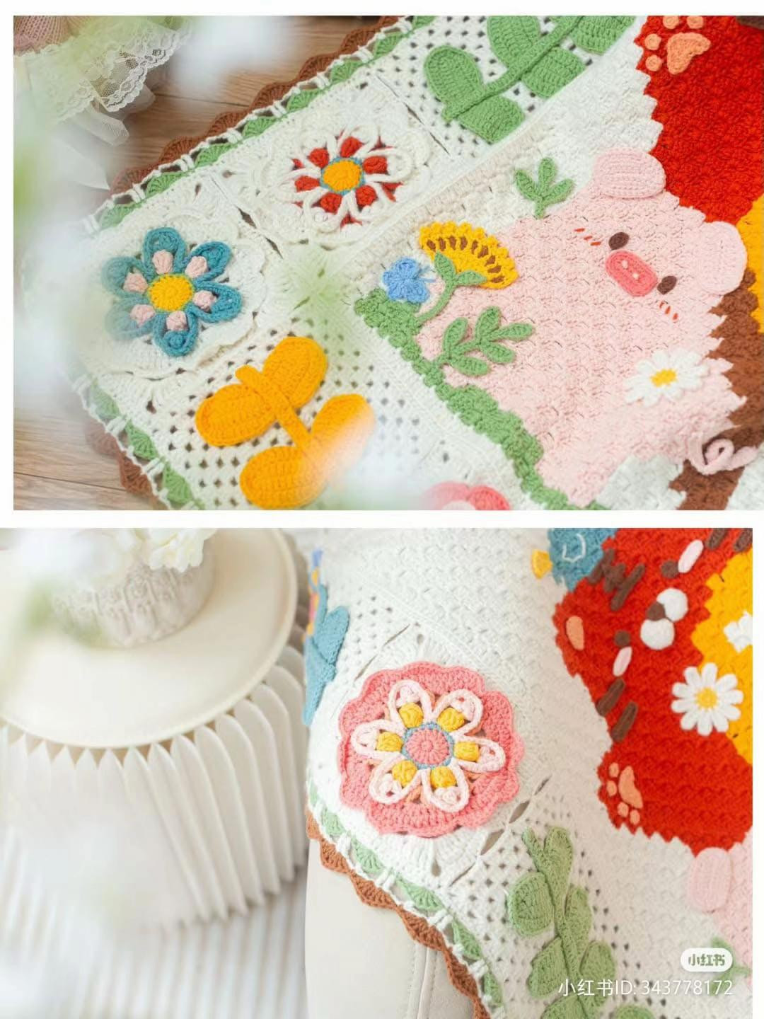 Charming Animal Crochet Blanket with Colorful Floral Borders