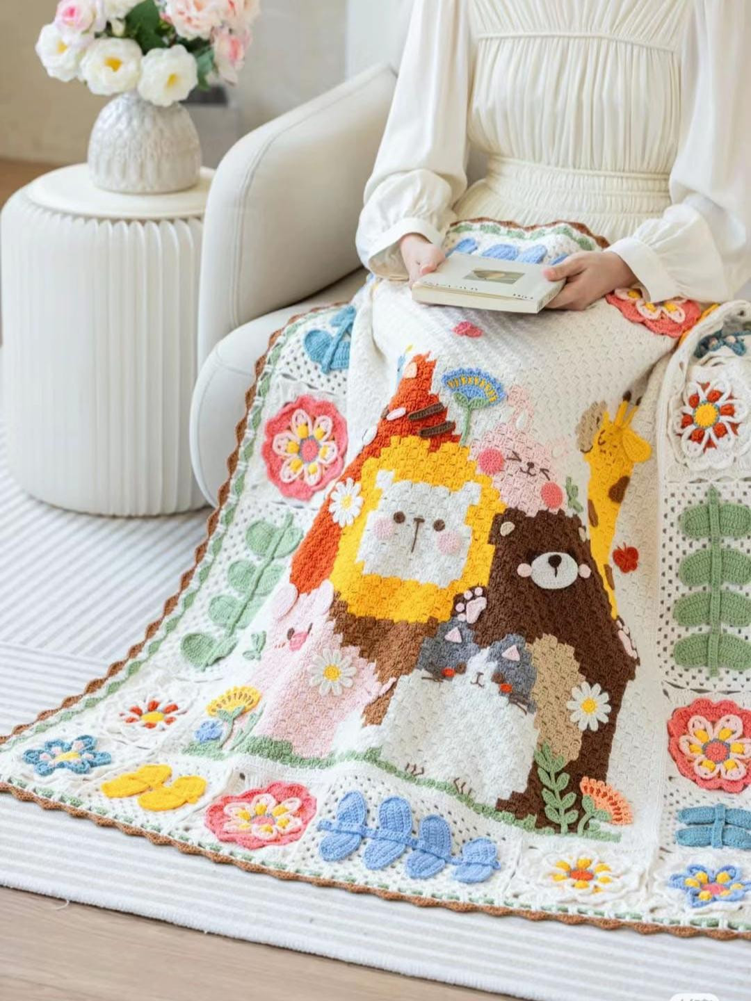 Charming Animal Crochet Blanket with Colorful Floral Borders