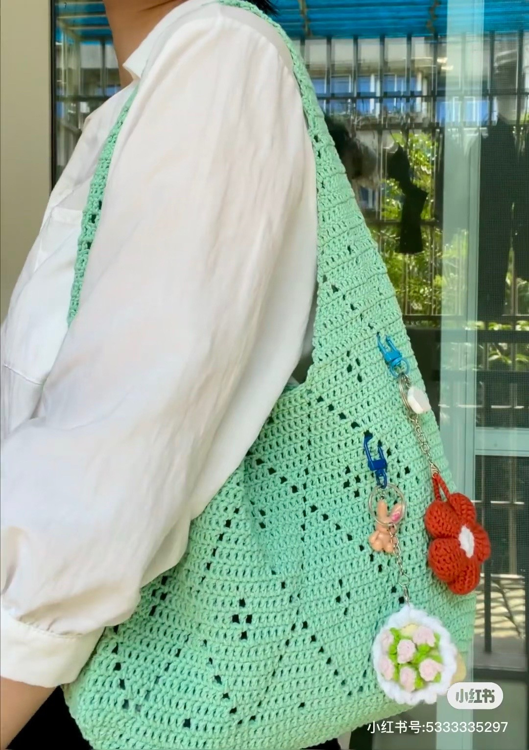 Charming Crochet Bag with Colorful Keychain Accessories