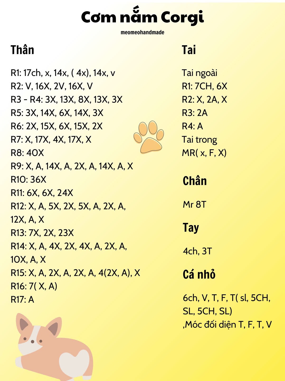 Chart hướng dẫn móc len hình cơm nắm Corgi dễ thương