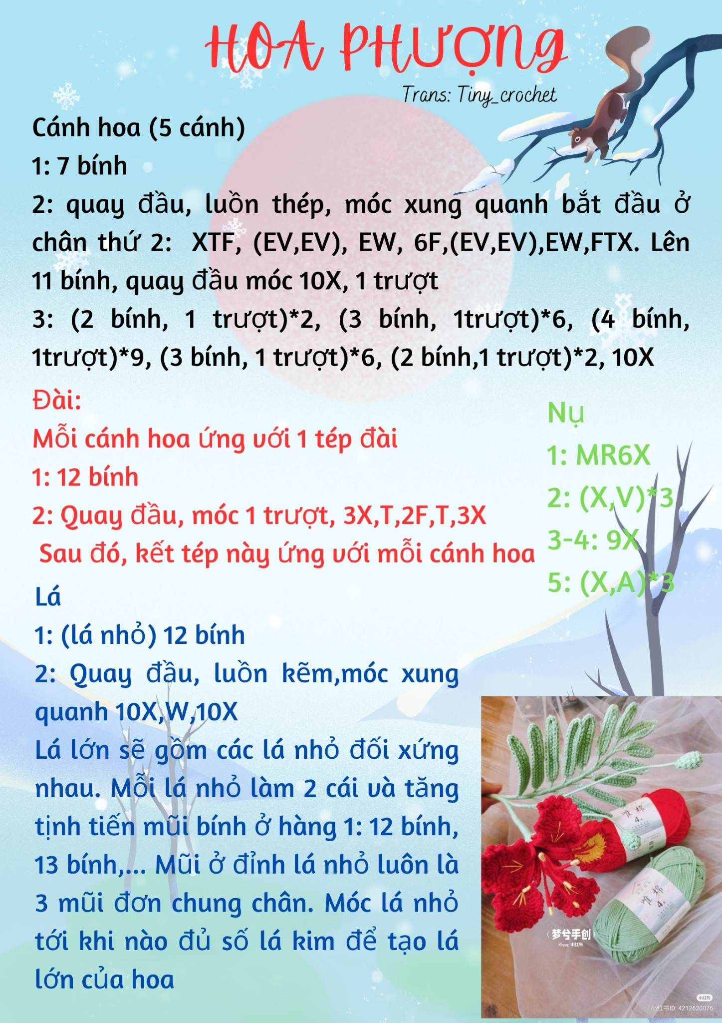 Chart mô tả cách móc hoa đỏ trong bình trắng