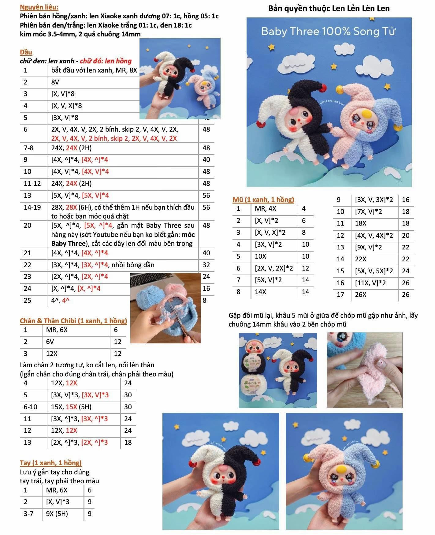 Chart móc len cho bộ ba búp bê Song Tử dễ thương tự làm