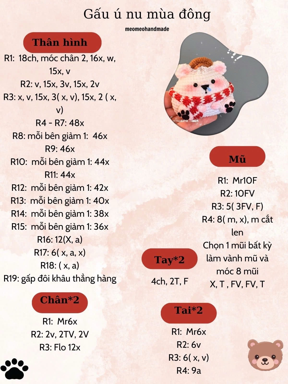 Chart móc len gấu bông đáng yêu cho mùa đông