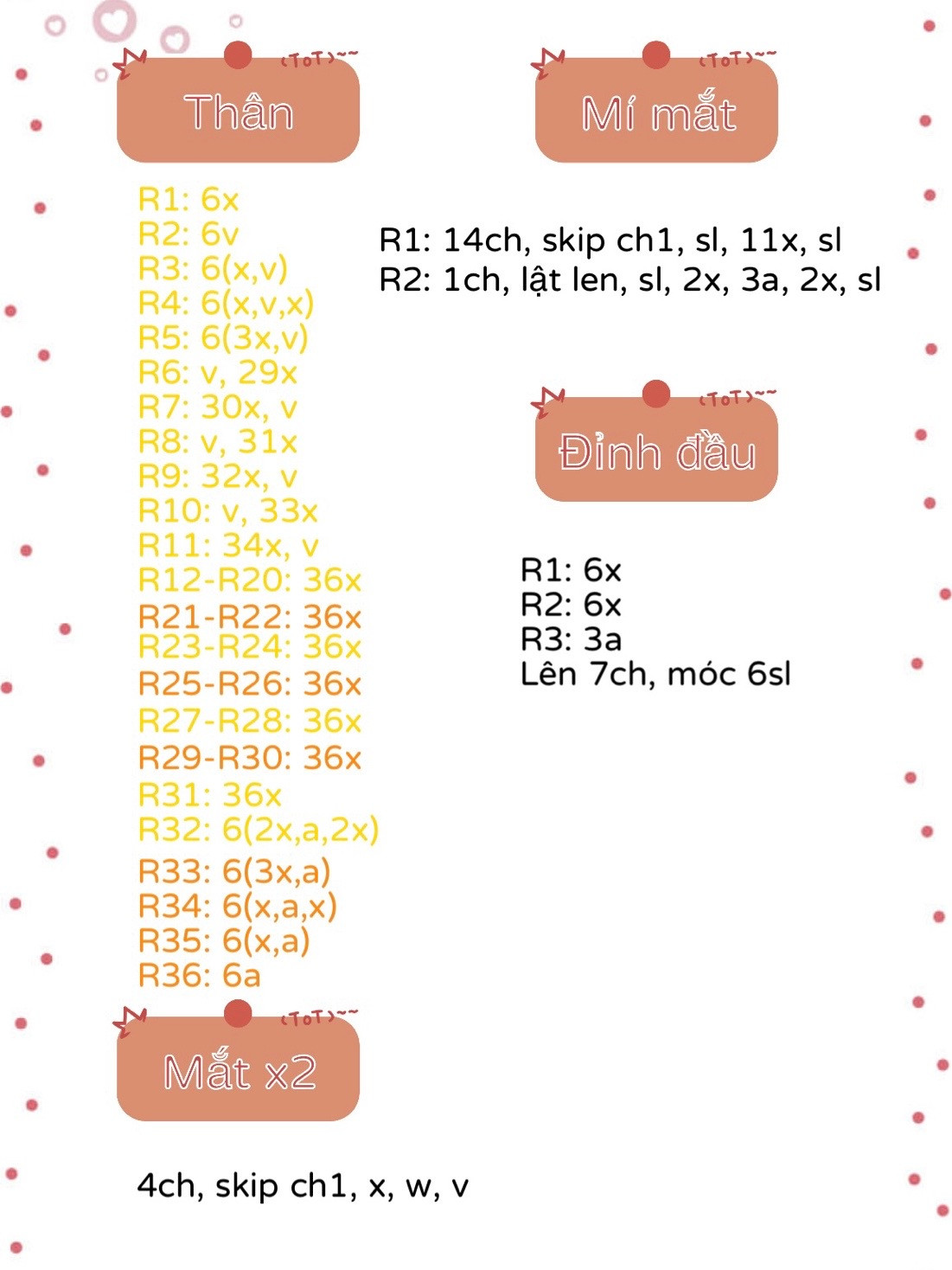 Chart móc len hình sâu và trái tim dễ thương