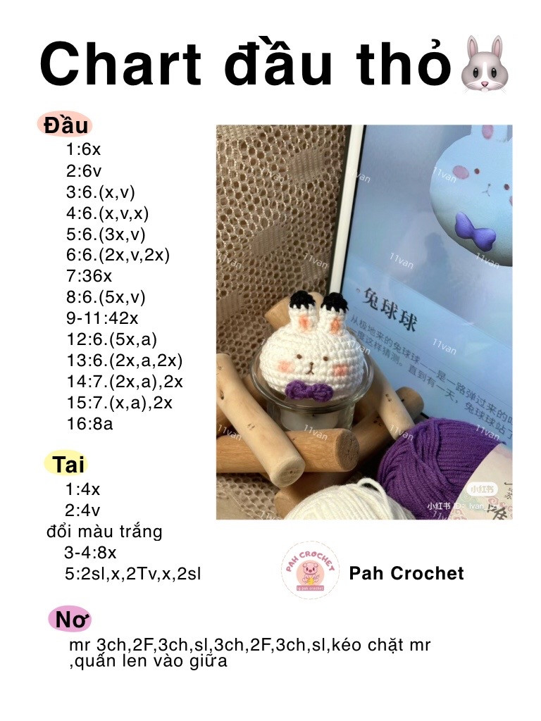 Chart móc len hình thỏ dễ thương với nơ tím