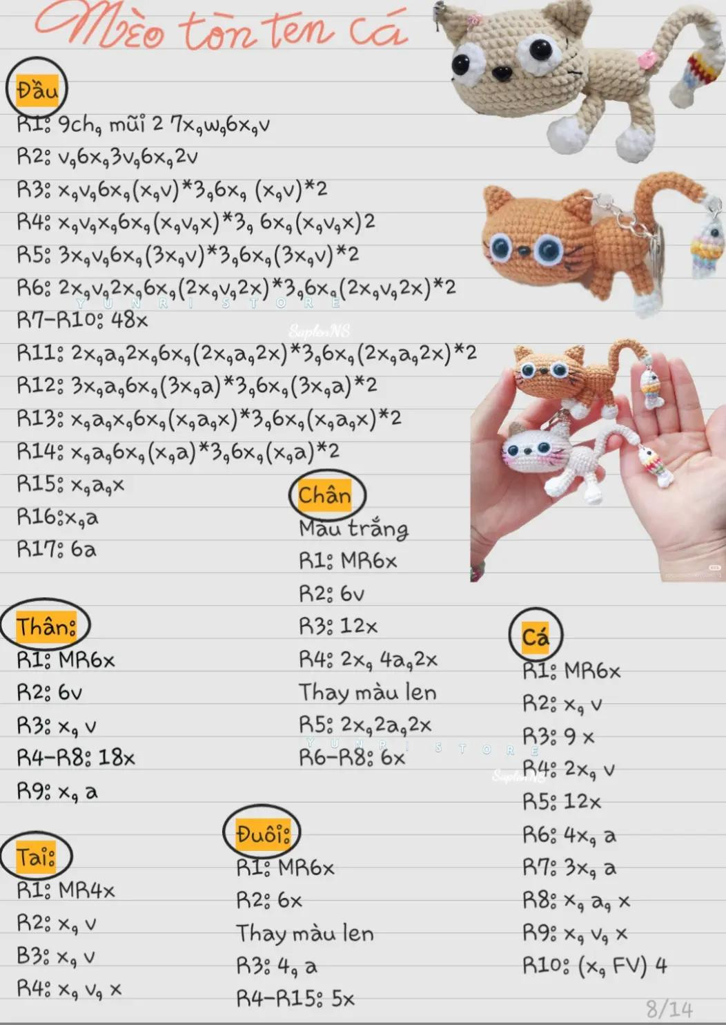 Chart móc len mèo tôm dễ thương với hướng dẫn chi tiết