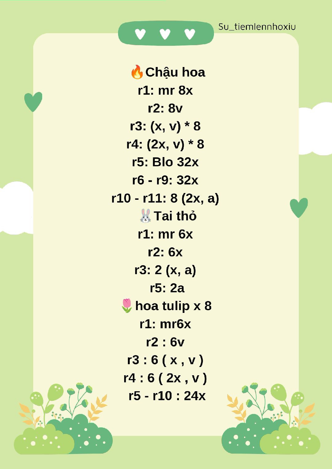 Chart móc len thỏ bông dễ thương với hoa tulip