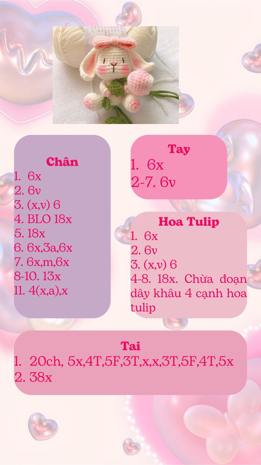 Chart móc len thỏ ôm hoa tulip dễ thương cho người mới bắt đầu