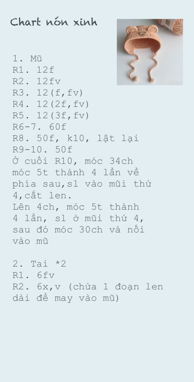 Chart móc nón tai gấu dễ thương cho bé yêu của bạn