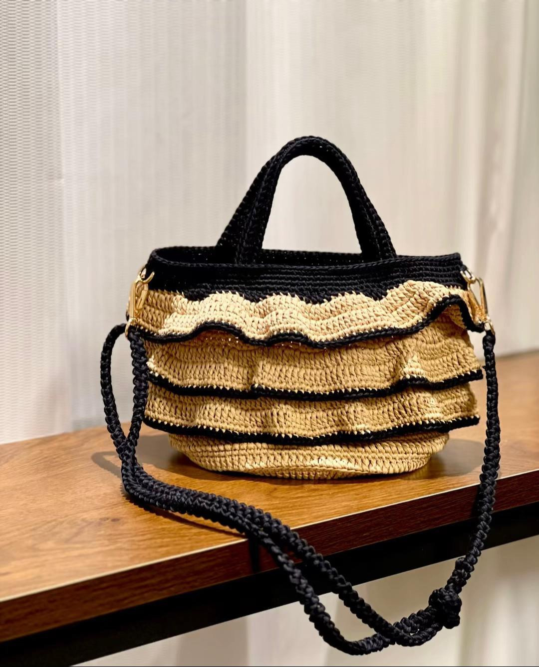 Chic Crochet Bag with Black and Beige Ruffle Design