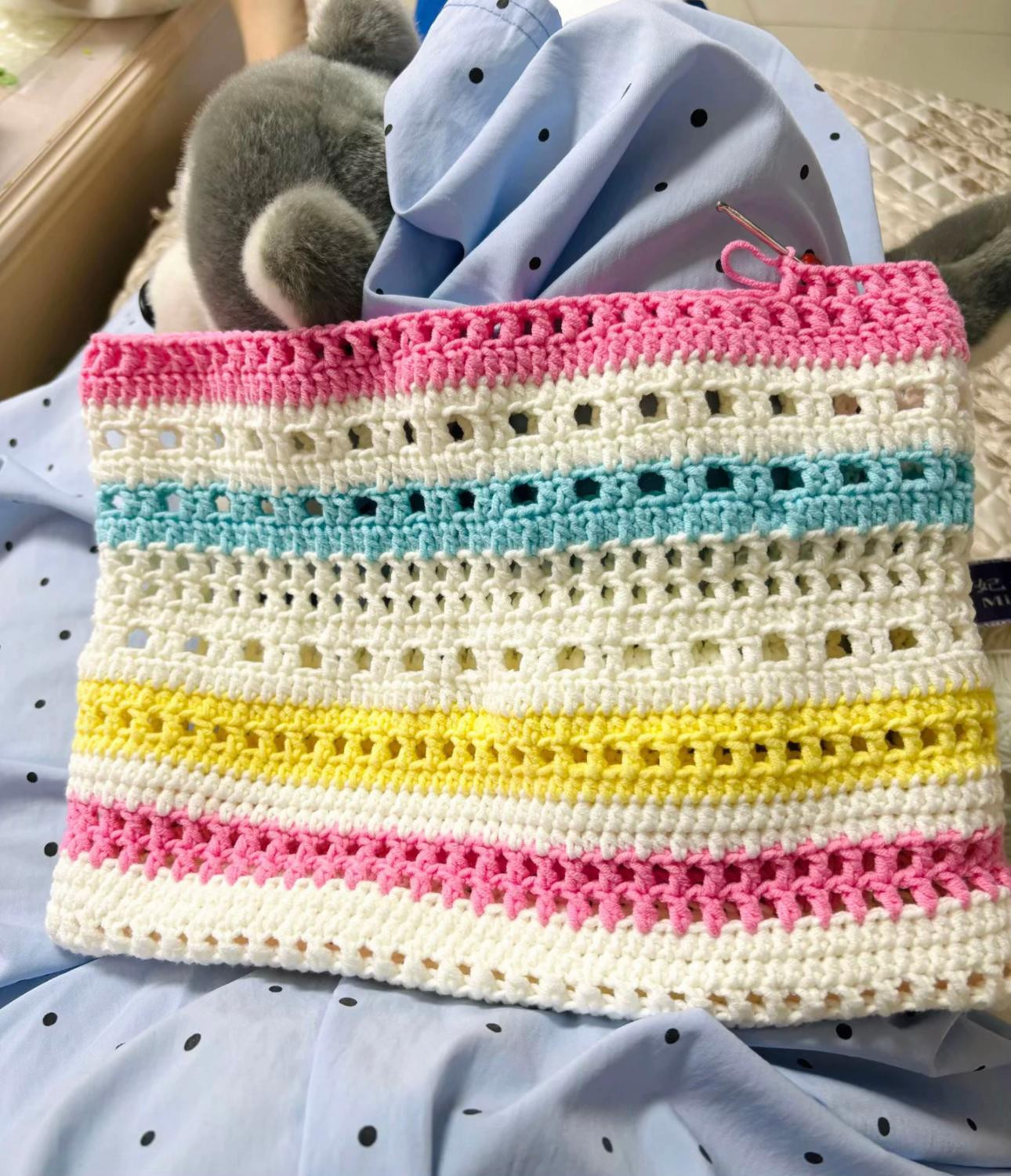Colorful Crochet Tote Bag with Bow Decorations