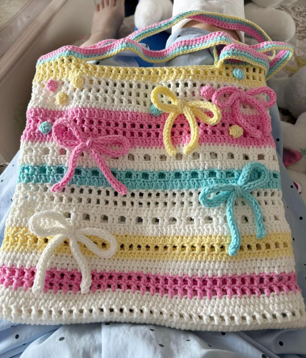 Colorful Crochet Tote Bag with Bow Decorations
