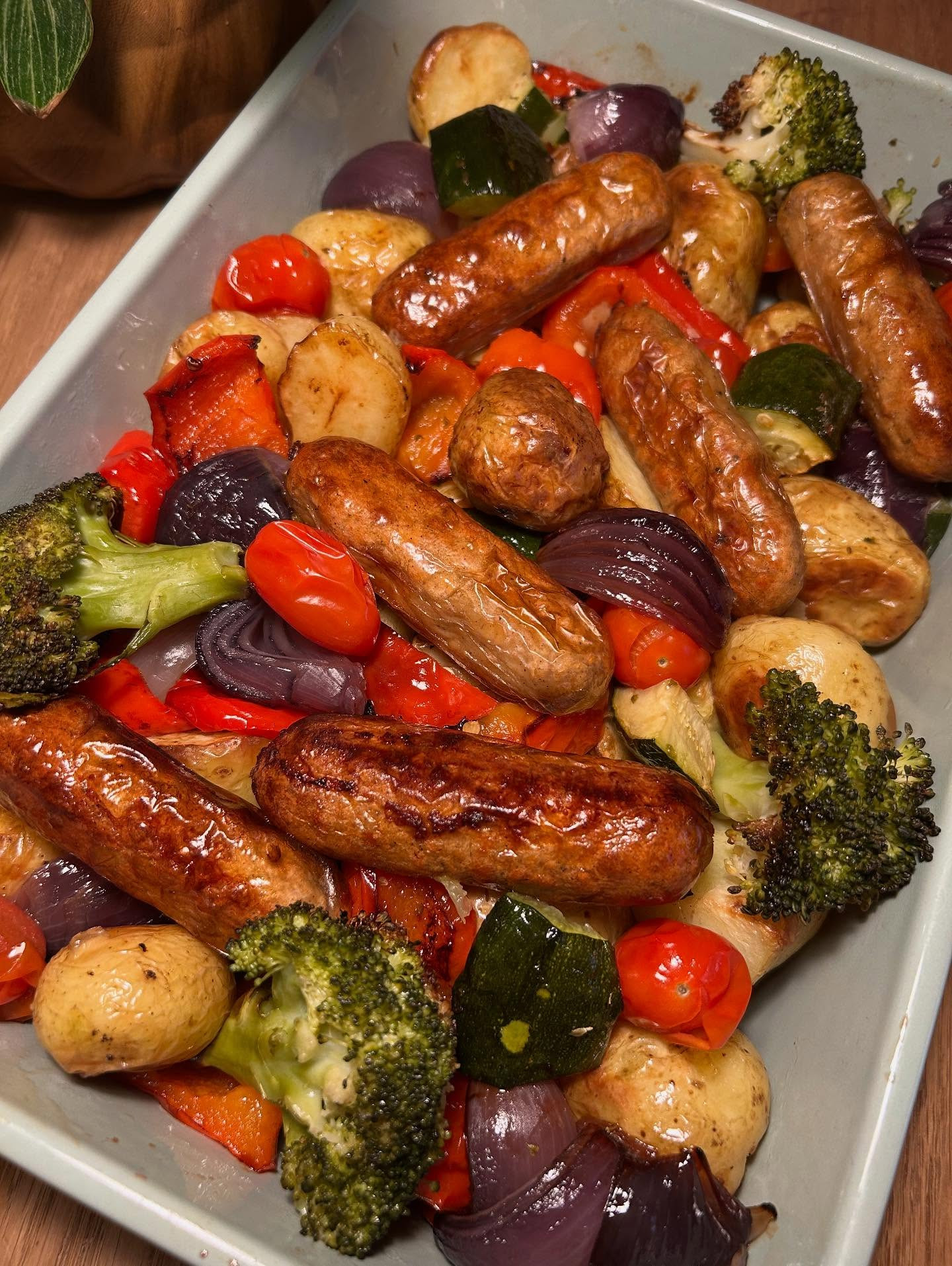 Cozy Vegan Sausage and Veggie Traybake Delight