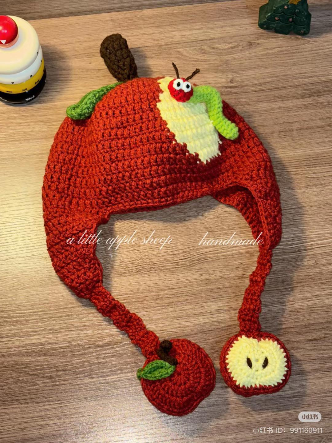 Crochet Apple Hat with Cute Worm Design for Kids